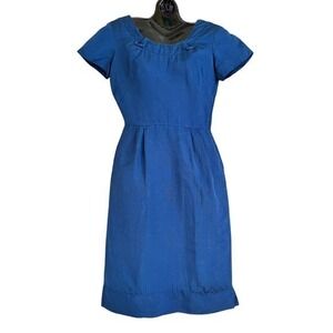 Vintage Blue Grosgrain Bow Trim Scoop Neck Wiggle Dress- 1950s Knee-Length Frock